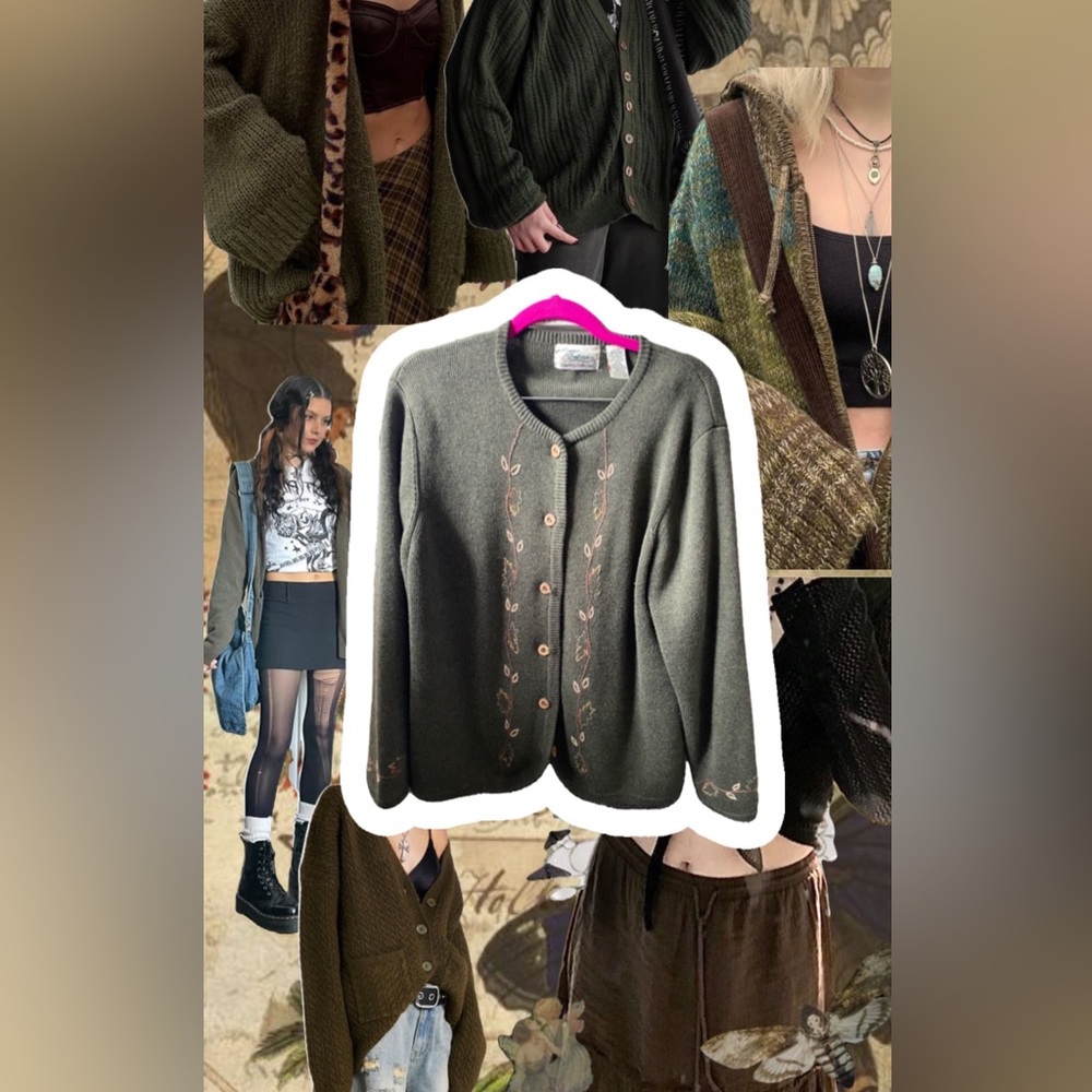 Vintage Tradition Country Collection Forest Green Embroidered Cardigan (L)